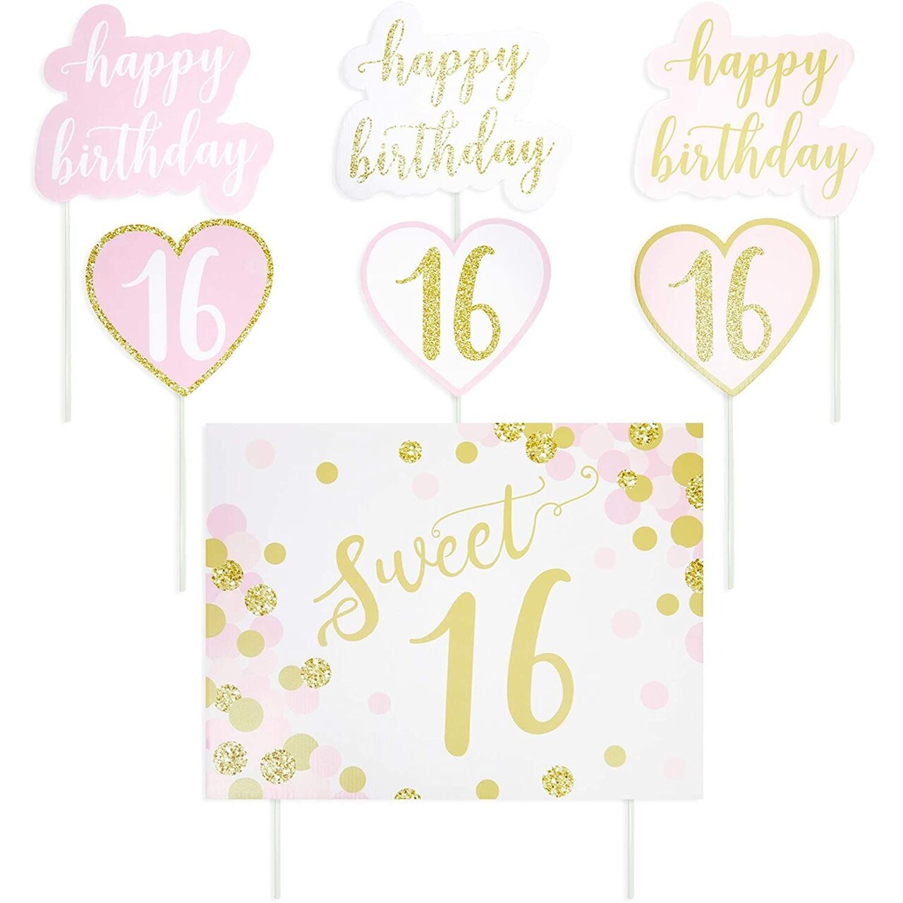 Sweet 16 Birthday Yard Signs, 8 Lawn Decorations in 3 Designs (26 Piece Set)
